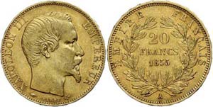 France 20 Franc Gold, 1855, Napoleon III., ... 