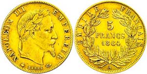 France 5 Franc, Gold, 1864, A, Napoleon ... 