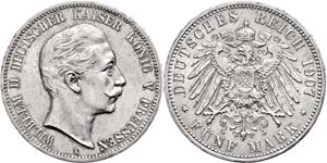 Prussia 5 Mark, 1907, Wilhelm II., extremley ... 