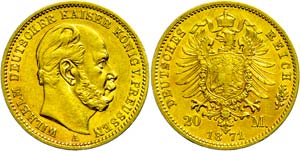 Prussia 20 Mark, 1871, A, Wilhelm I., very ... 