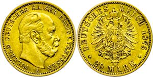 Prussia 20 Mark, 1875, A, Wilhelm I., small ... 