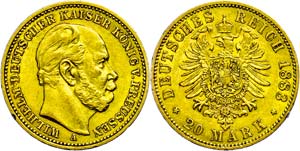 Prussia 20 Mark, 1884, A, Wilhelm I., edge ... 