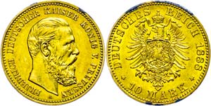 Prussia 10 Mark, 1888, Friedrich III., frame ... 