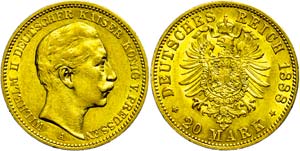 Prussia 20 Mark, 1888, Wilhelm II., small ... 