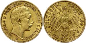 Prussia 20 Mark, 1891, Wilhelm II., small ... 