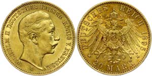 Prussia 20 Mark, 1895, Wilhelm II., minimal ... 
