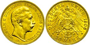 Prussia 20 Mark, 1906, A, Wilhelm II., small ... 