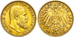 Württemberg 10 Mark, 1898, Wilhelm II., kl. ... 