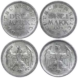 Coins Weimar Republic 2 x 3 Reichmark 1924 A ... 