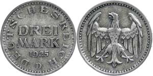 Münzen Weimar 3 Mark, 1925, D, J. 312, ss, ... 