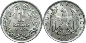 Coins Weimar Republic 1 Reichmark, 1925 D, ... 