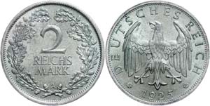 Münzen Weimar 2 Reichsmark, 1925 A, etwas ... 