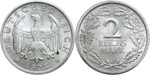 Münzen Weimar 2 Reichsmark, 1925 J, ... 