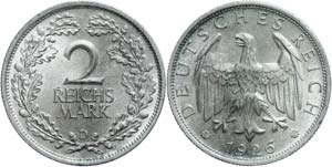 Münzen Weimar 2 Reichsmark, 1926 D, min. ... 