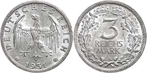 Coins Weimar Republic 3 Reichmark, 1931, A, ... 