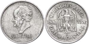 Münzen Weimar 3 Reichsmark, 1932 F, Goethe, ... 
