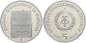 GDR 5 Mark, 1983, Luthers birthplace, in ... 