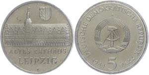 GDR 5 Mark, 1984, old city hall Leipzig, in ... 