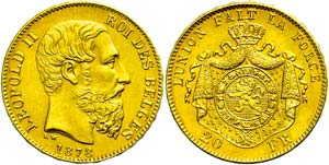 Belgium 20 Franc, Gold, 1878, Leopold II., ... 