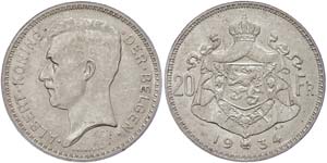Belgien 20 Francs, 1934, Albert I., Der ... 