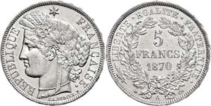 Frankreich 5 Franks, 1870, A, Dav. 93, kl. ... 