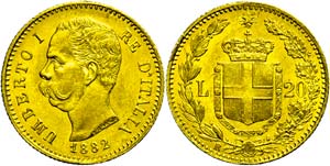 Italy 20 lira, Gold, 1882, Umberto I., Fb. ... 