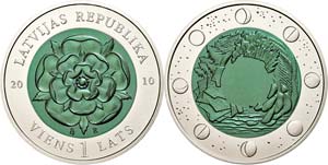 Latvia 1 Lats, 2010, heraldic rose - green ... 