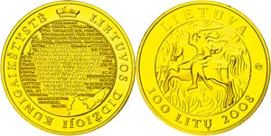 Lithuania 100 Litu, Gold, 2008, 1000 years ... 