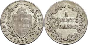 Schweiz Tessin, 1/4 Franken, 1835, HMZ ... 