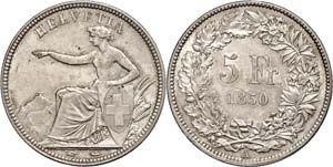 Schweiz 5 Franken, 1850, HMZ 2-1197a, vz.  vz