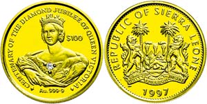 Sierra Leone 100 Dollars, Gold, 1997, Queen ... 
