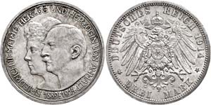 Anhalt  3 Mark, 1914, A, Friedrich II. und ... 