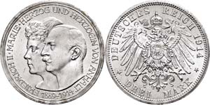 Anhalt  3 Mark, 1914, Friedrich II., to the ... 