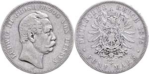 Hessen  5 Mark, 1876, Ludwig III., kl. Rf., ... 