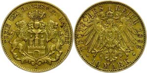Hamburg  10 Mark, 1896, municipal coat of ... 