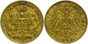 Hamburg  10 Mark, 1896, Stadtwappen, ss-vz., ... 