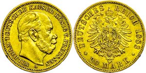 Prussia  20 Mark, 1884, A, Wilhelm I., edge ... 