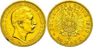 Prussia  20 Mark, 1889, Wilhelm II., edge ... 