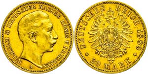 Preußen Goldmünzen  20 Mark, 1889, Wilhelm ... 