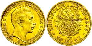 Prussia  20 Mark, 1889, Wilhelm II., very ... 