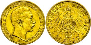 Prussia  20 Mark, 1893, Wilhelm II., edge ... 