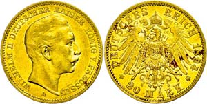 Prussia  20 Mark, 1894, Wilhelm II., small ... 