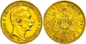 Prussia  20 Mark, 1895, Wilhelm II., edge ... 