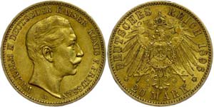 Prussia  20 Mark, 1896, Wilhelm II., minimum ... 