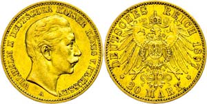 Prussia  20 Mark, 1897, Wilhelm II., small ... 