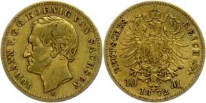 Saxony  10 Mark, 1872, Johann, very fine., ... 