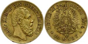Württemberg  10 Mark, 1876, Karl, very ... 