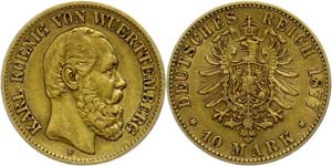 Württemberg  10 Mark, 1877, Karl, very ... 