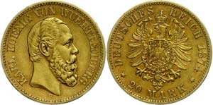 Württemberg  20 Mark, 1874, Karl, very ... 