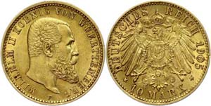 Württemberg  10 Mark, 1905, Wilhelm II., ... 